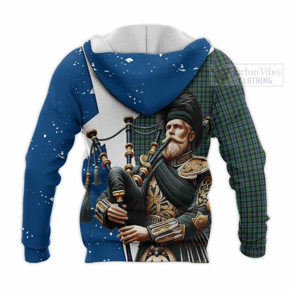 Tartan Vibes Clothing Arbuthnot Tartan Knitted Hoodie with Family Crest Scottish Bagpiper Vibes