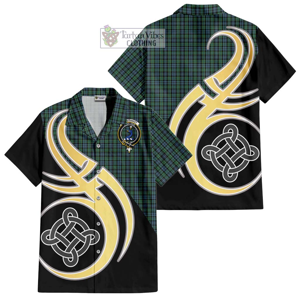 Arbuthnot Tartan Short Sleeve Button Shirt with Family Crest and Celtic Symbol Style - Tartan Vibes Clothing