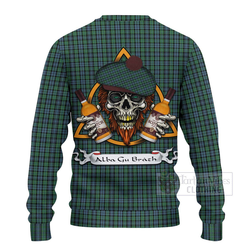 Tartan Vibes Clothing Arbuthnot Tartan Knitted Sweater with Family Crest and Bearded Skull Holding Bottles of Whiskey