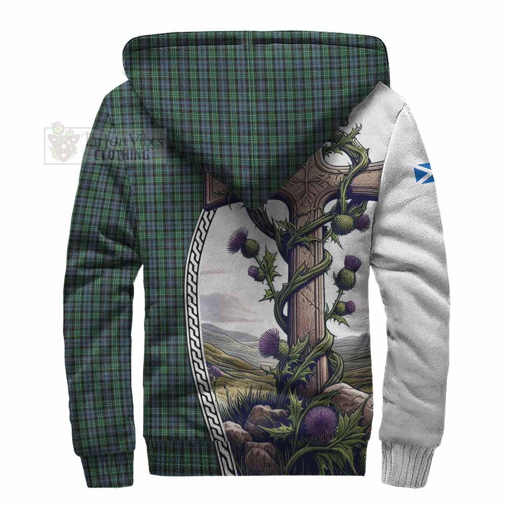 Tartan Vibes Clothing Arbuthnot Tartan Sherpa Hoodie with Family Crest and St. Andrew's Cross Accented by Thistle Vines