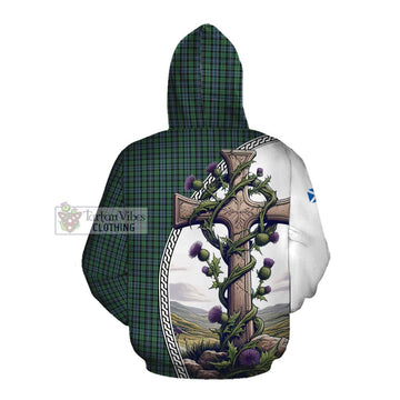 Arbuthnot Tartan Cotton Hoodie with Family Crest and St. Andrew's Cross Accented by Thistle Vines Pullover Hoodie - Tartan Vibes Clothing
