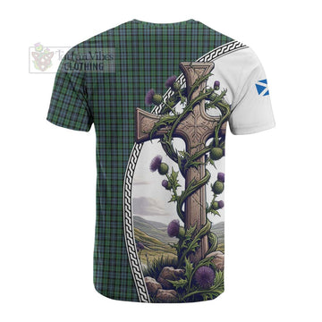 Arbuthnot Tartan Cotton T-shirt with Family Crest and St. Andrew's Cross Accented by Thistle Vines