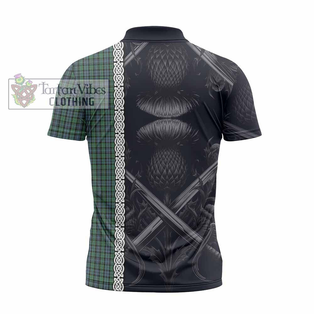 Tartan Vibes Clothing Arbuthnot Tartan Zipper Polo Shirt with Family Crest Cross Sword Thistle Celtic Vibes