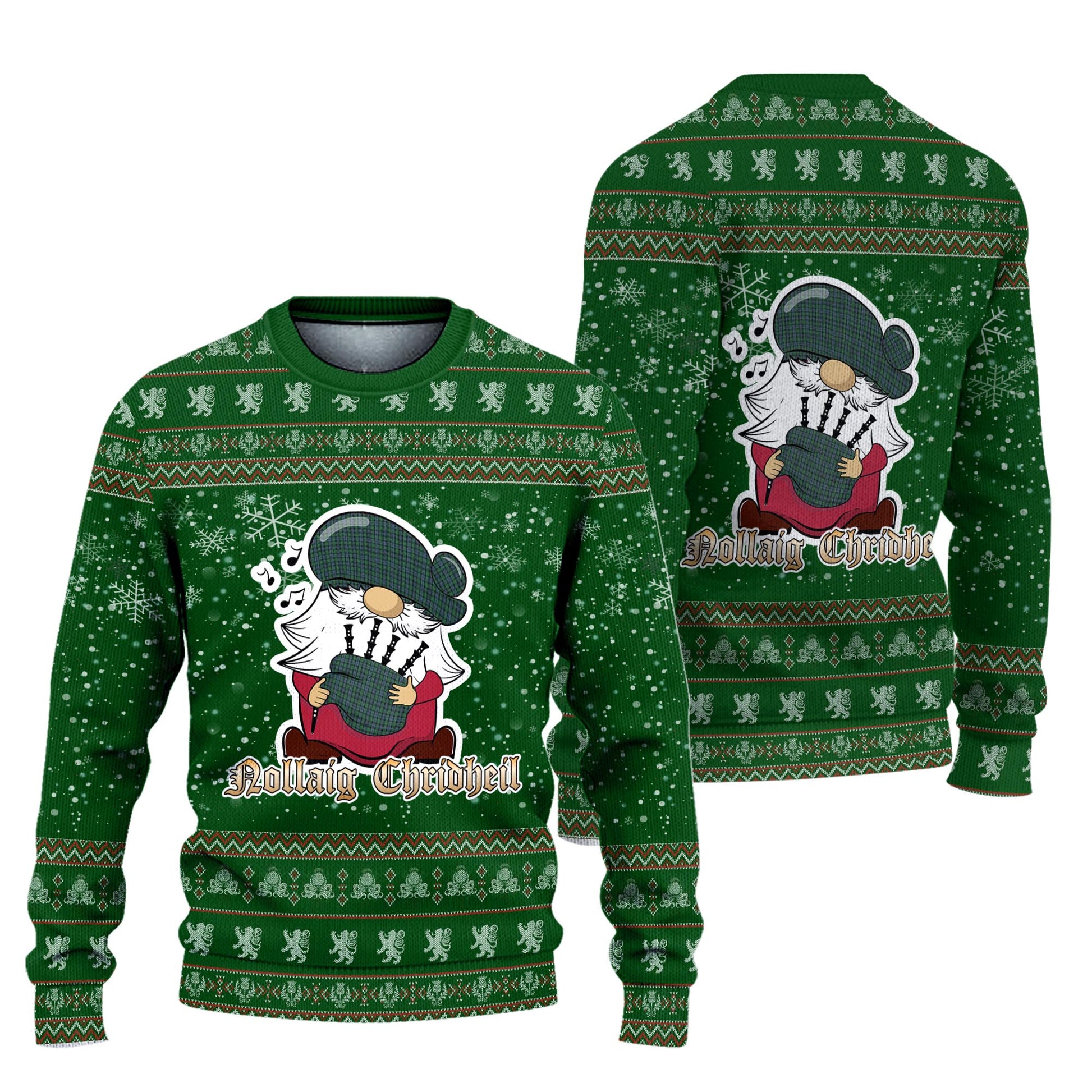 Arbuthnot Clan Christmas Family Knitted Sweater with Funny Gnome Playing Bagpipes Unisex Green - Tartanvibesclothing