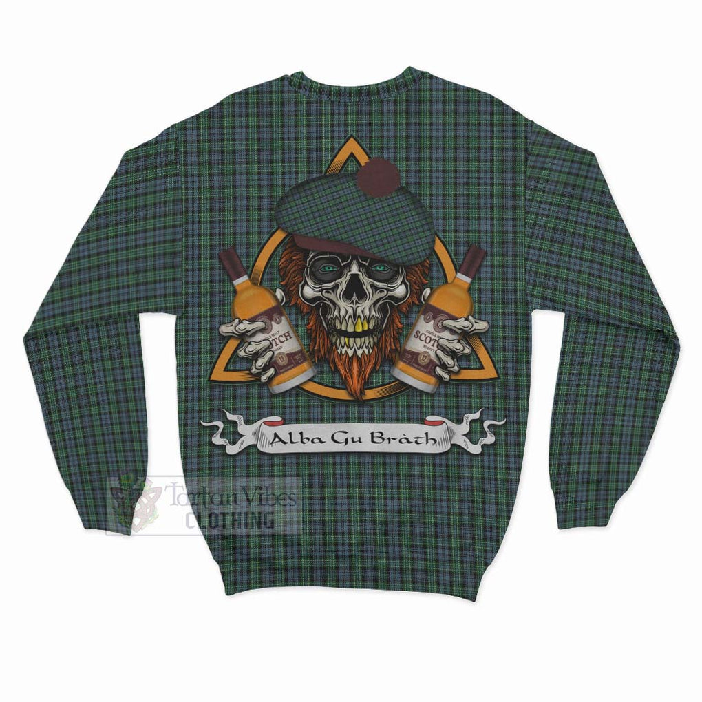 Tartan Vibes Clothing Arbuthnot Tartan Sweatshirt with Family Crest and Bearded Skull Holding Bottles of Whiskey