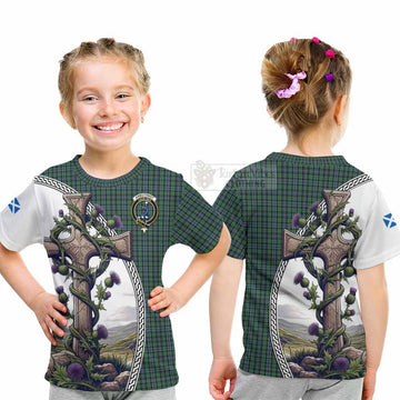 Arbuthnot Tartan Kid T-Shirt with Family Crest and St. Andrew's Cross Accented by Thistle Vines