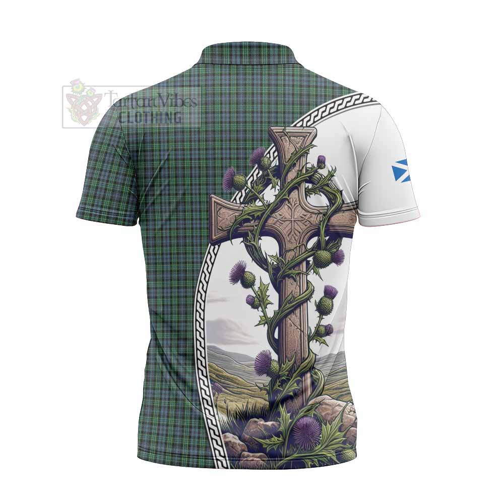 Tartan Vibes Clothing Arbuthnot Tartan Zipper Polo Shirt with Family Crest and St. Andrew's Cross Accented by Thistle Vines