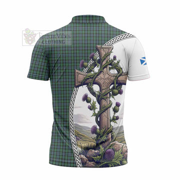 Arbuthnot Tartan Zipper Polo Shirt with Family Crest and St. Andrew's Cross Accented by Thistle Vines