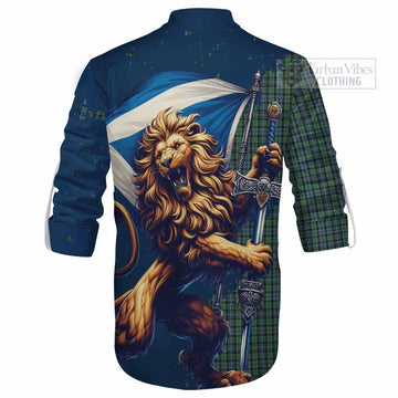 Arbuthnot Tartan Family Crest Ghillie Kilt Shirt with Scottish Majestic Lion