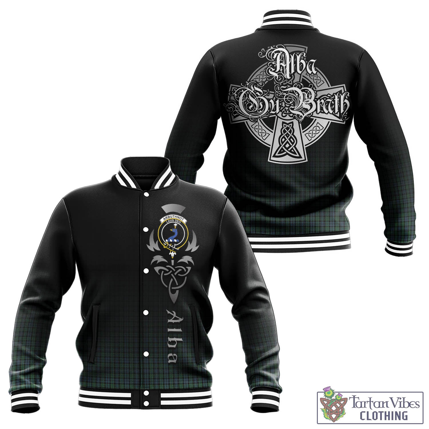 Tartan Vibes Clothing Arbuthnot Tartan Baseball Jacket Featuring Alba Gu Brath Family Crest Celtic Inspired