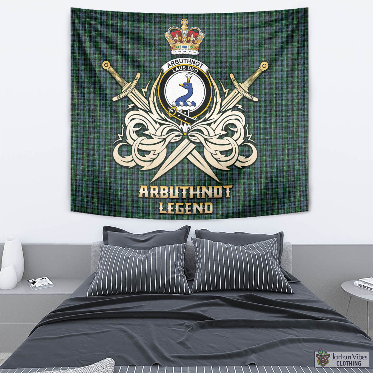 Tartan Vibes Clothing Arbuthnot Tartan Tapestry with Clan Crest and the Golden Sword of Courageous Legacy