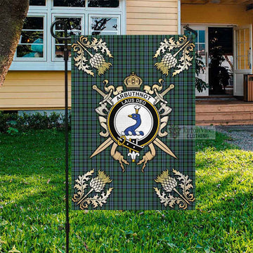 Arbuthnot Tartan Flag with Family Crest and Golden Thistle Crossed Sword Design