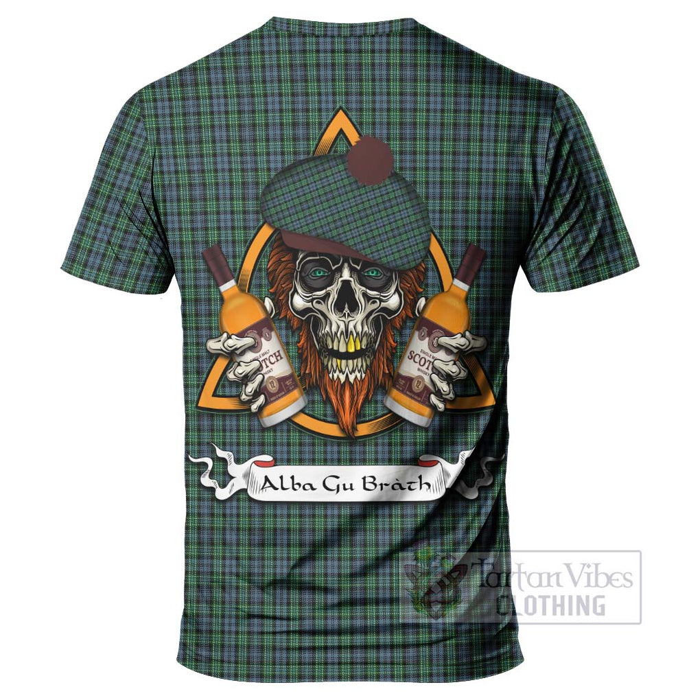 Tartan Vibes Clothing Arbuthnot Tartan T-Shirt with Family Crest and Bearded Skull Holding Bottles of Whiskey