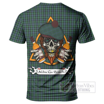 Arbuthnot Tartan T-Shirt with Family Crest and Bearded Skull Holding Bottles of Whiskey