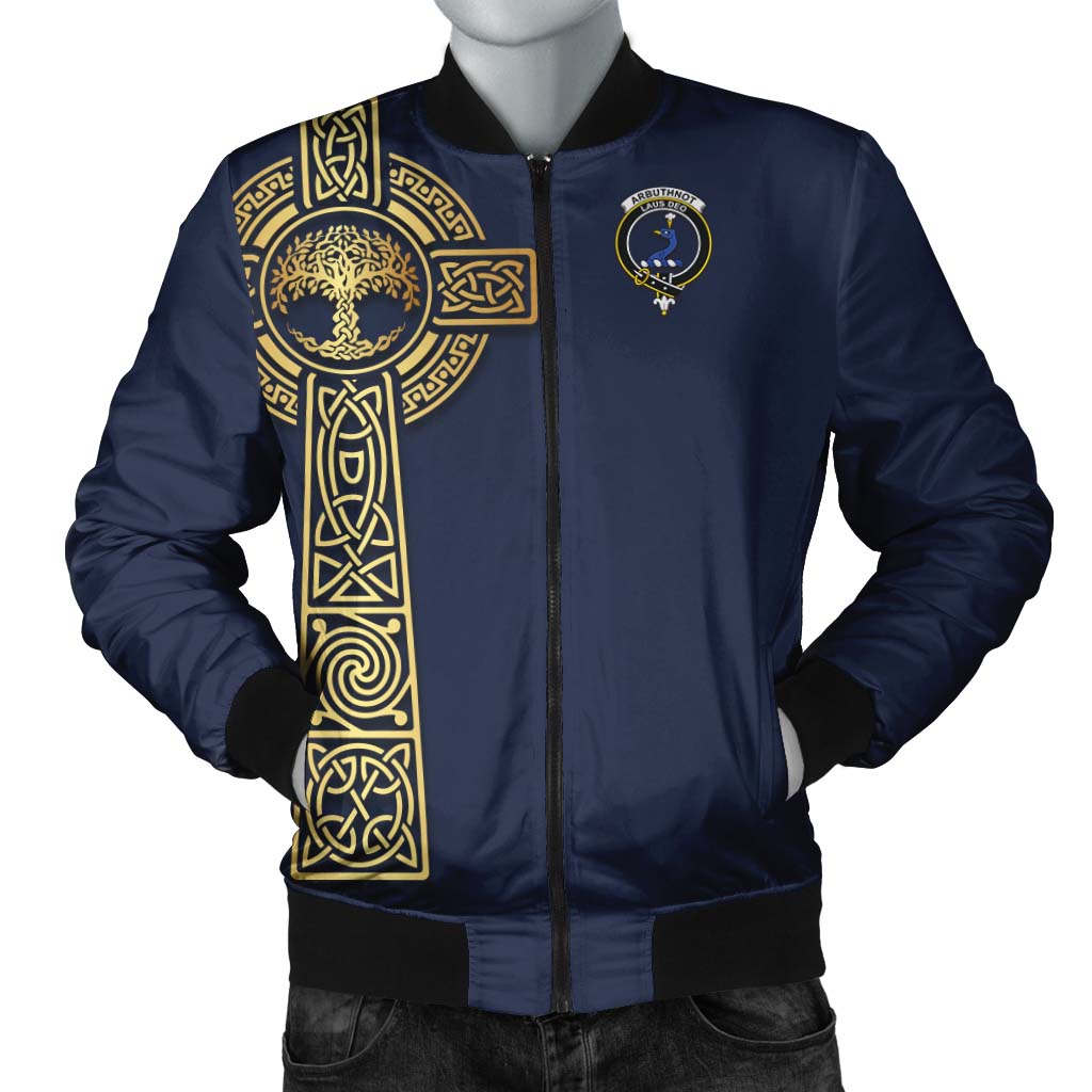 Arbuthnot Clan Bomber Jacket with Golden Celtic Tree Of Life Unisex Navy - Tartanvibesclothing