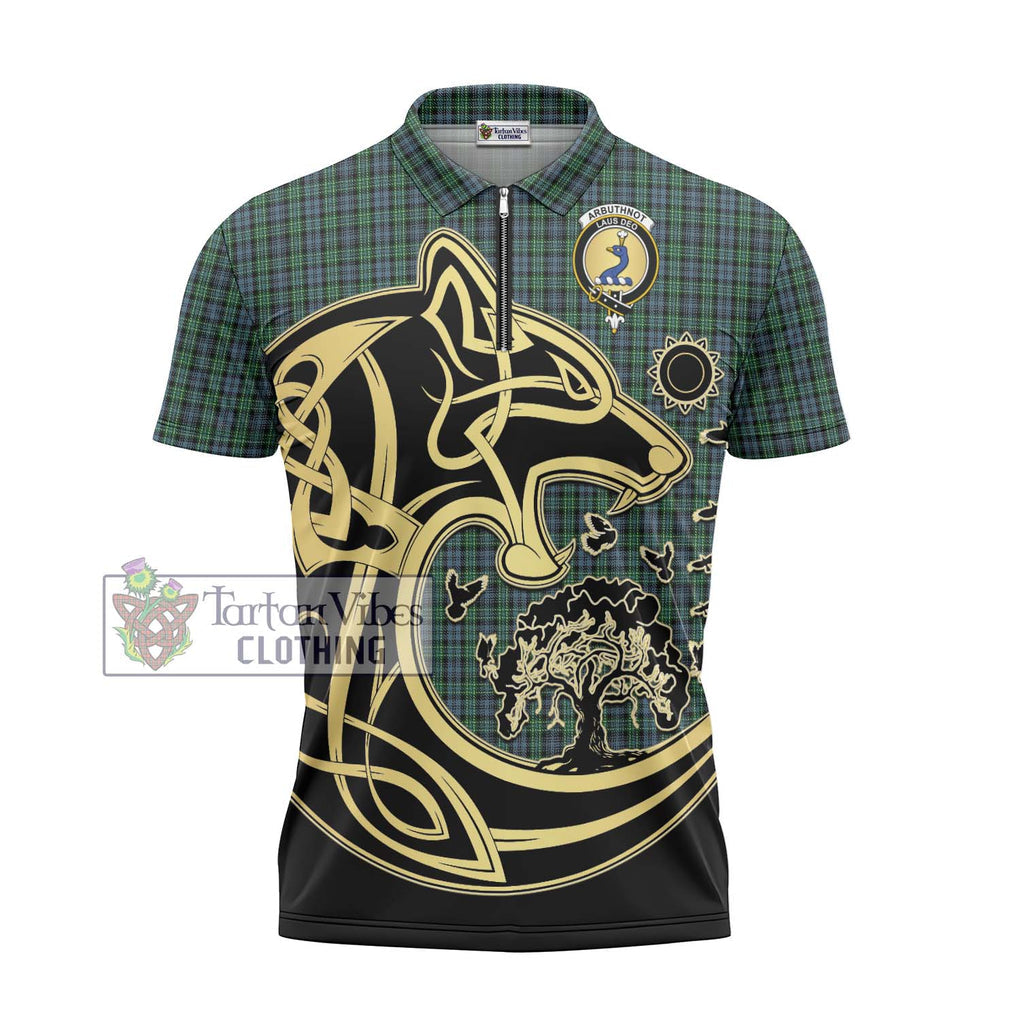 Arbuthnot Tartan Zipper Polo Shirt with Family Crest Celtic Wolf Style - Tartanvibesclothing Shop