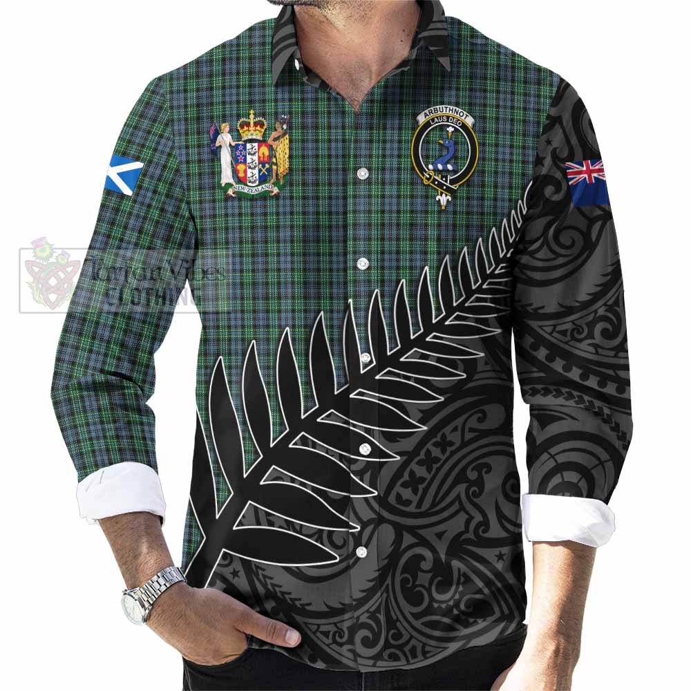 Tartan Vibes Clothing Arbuthnot Crest Tartan Long Sleeve Button Shirt with New Zealand Silver Fern Half Style