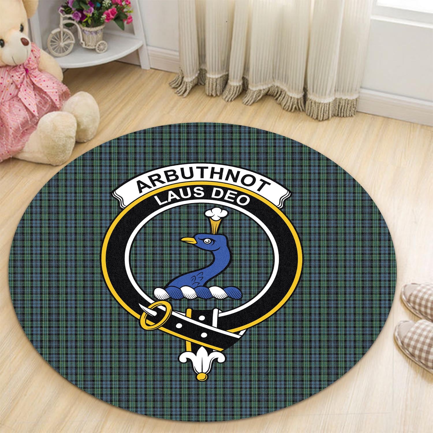 Arbuthnot Tartan Round Rug with Family Crest - Tartanvibesclothing