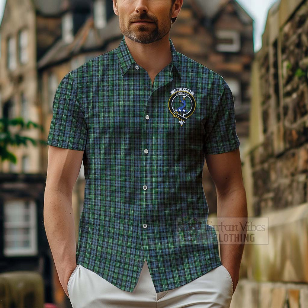 Tartan Vibes Clothing Arbuthnot Tartan Short Sleeve Button Shirt with Family Crest Celtic Skull Style