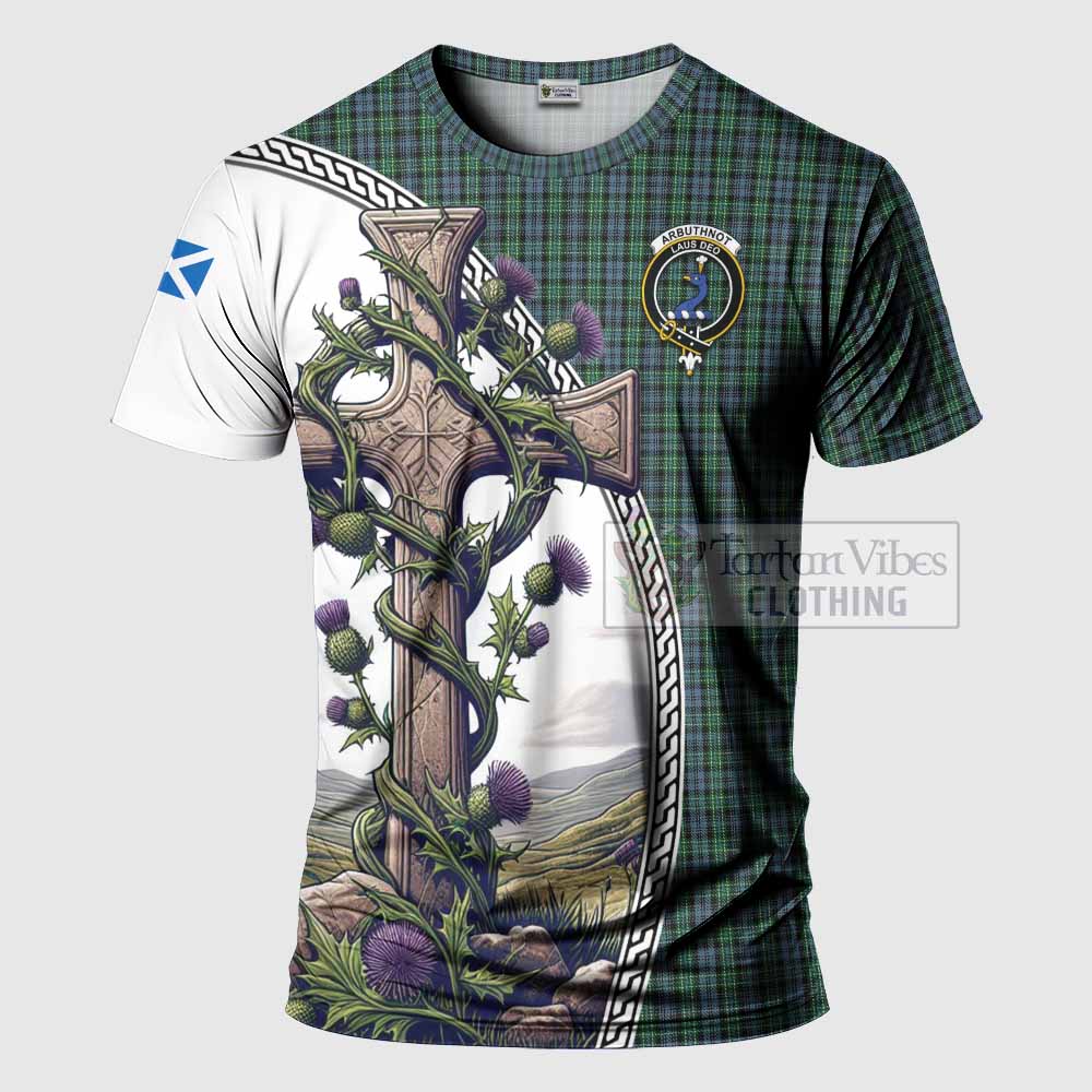 Tartan Vibes Clothing Arbuthnot Agnew Tartan T-Shirt with Family Crest and St. Andrew's Cross Accented by Thistle Vines