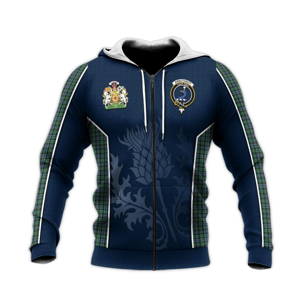 Tartan Vibes Clothing Arbuthnot Tartan Knitted Hoodie with Family Crest and Scottish Thistle Vibes Sport Style