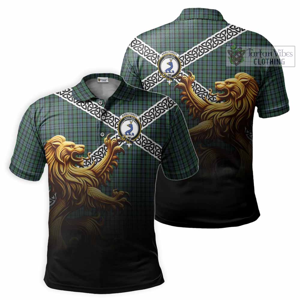 Arbuthnot Crest Tartan Polo Shirt with Golden Lion Emblem Celtic Style - Tartan Vibes Clothing