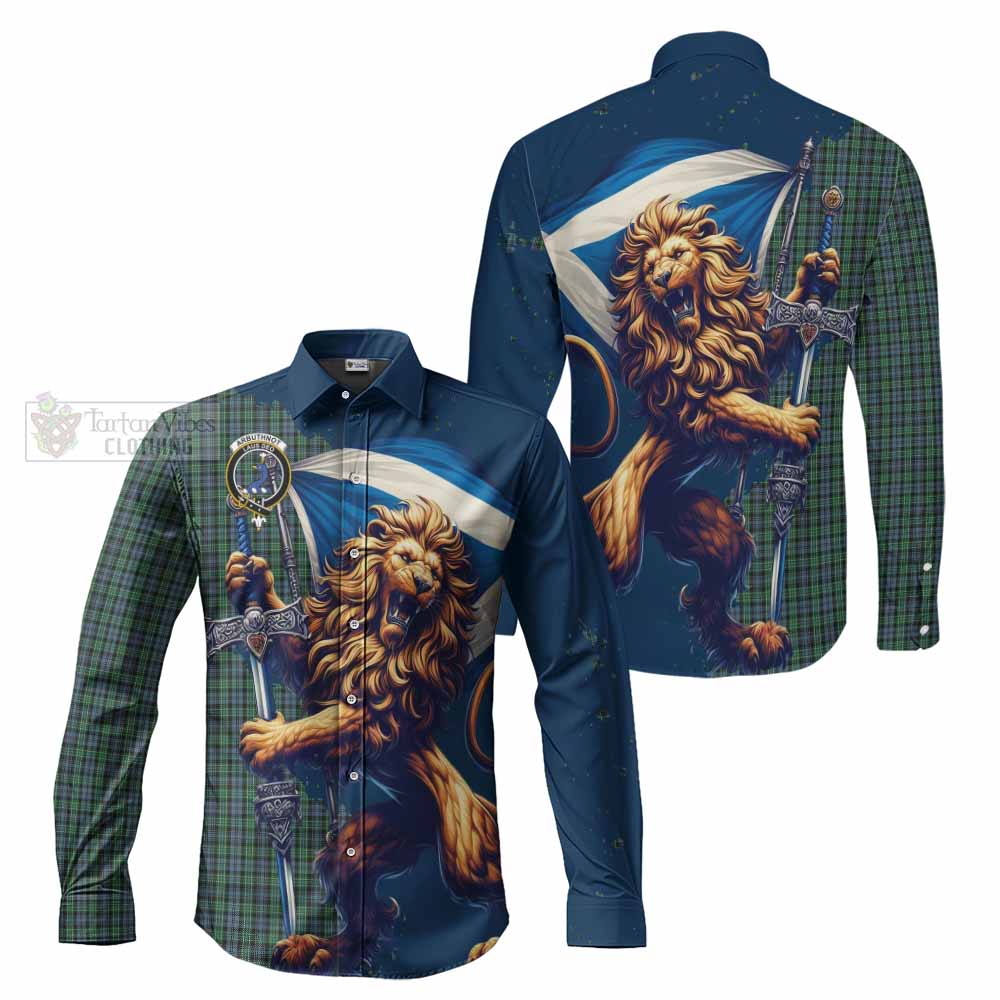 Tartan Vibes Clothing Arbuthnot Tartan Family Crest Long Sleeve Button Shirt with Scottish Majestic Lion