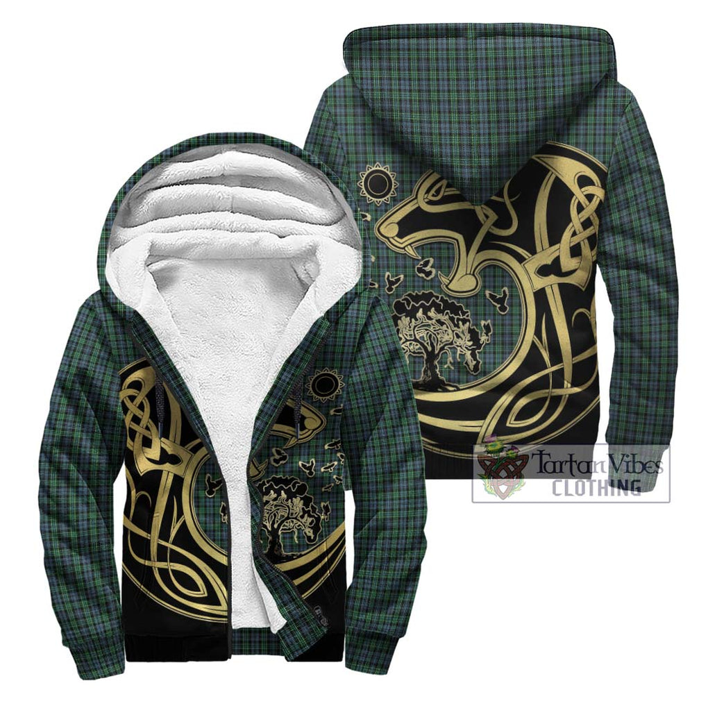 Arbuthnot Tartan Sherpa Hoodie with Family Crest Celtic Wolf Style Unisex - Tartan Vibes Clothing