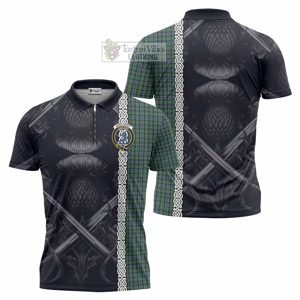 Tartan Vibes Clothing Arbuthnot Tartan Zipper Polo Shirt with Family Crest Cross Sword Thistle Celtic Vibes