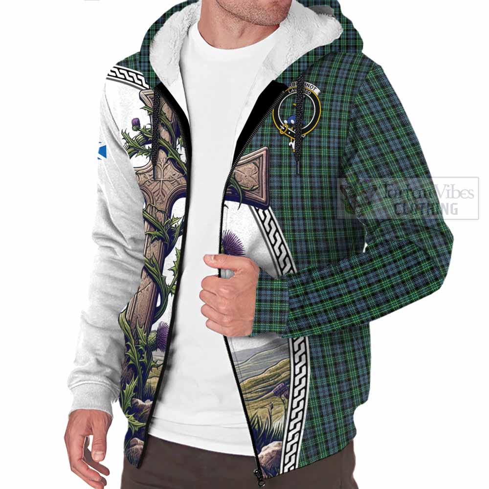 Tartan Vibes Clothing Arbuthnot Tartan Sherpa Hoodie with Family Crest and St. Andrew's Cross Accented by Thistle Vines