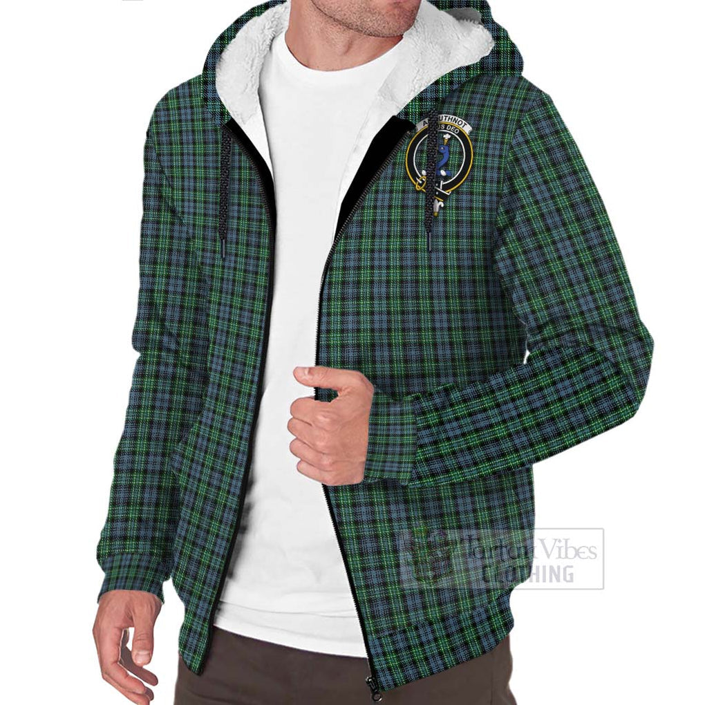 Tartan Vibes Clothing Arbuthnot Tartan Sherpa Hoodie with Family Crest and Bearded Skull Holding Bottles of Whiskey