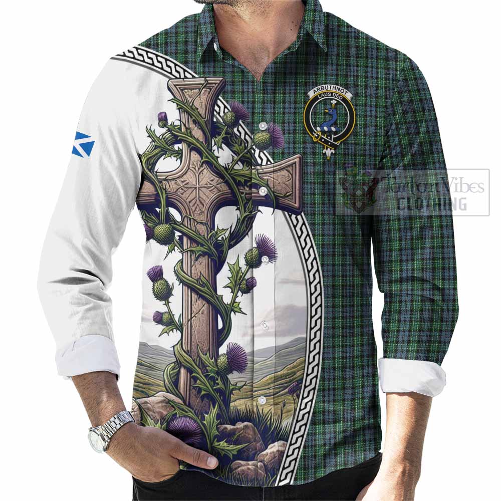 Tartan Vibes Clothing Arbuthnot Tartan Long Sleeve Button Shirt with Family Crest and St. Andrew's Cross Accented by Thistle Vines