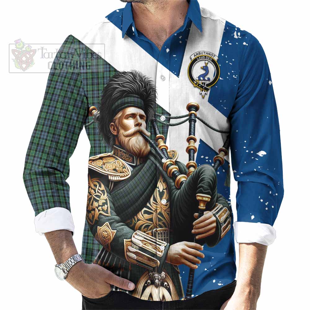 Tartan Vibes Clothing Arbuthnot Tartan Long Sleeve Button Shirt with Family Crest Scottish Bagpiper Vibes