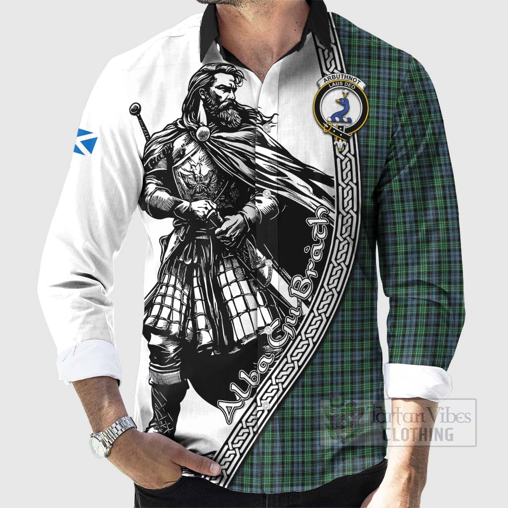 Tartan Vibes Clothing Arbuthnot Tartan Clan Crest Long Sleeve Button Shirt with Highlander Warrior Celtic Style