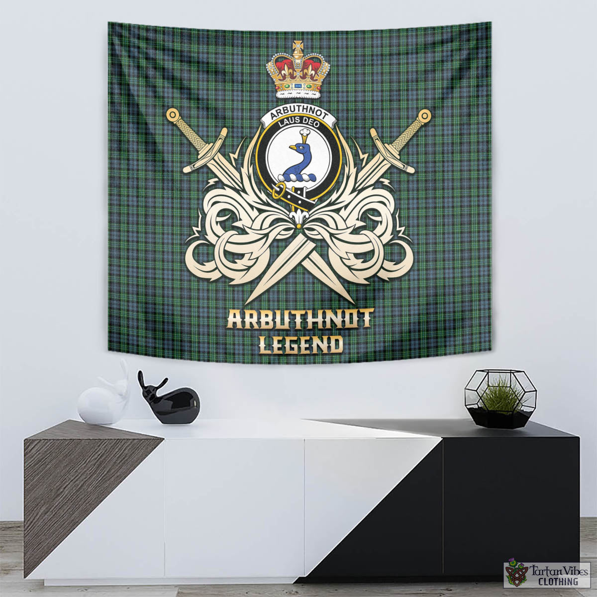 Tartan Vibes Clothing Arbuthnot Tartan Tapestry with Clan Crest and the Golden Sword of Courageous Legacy