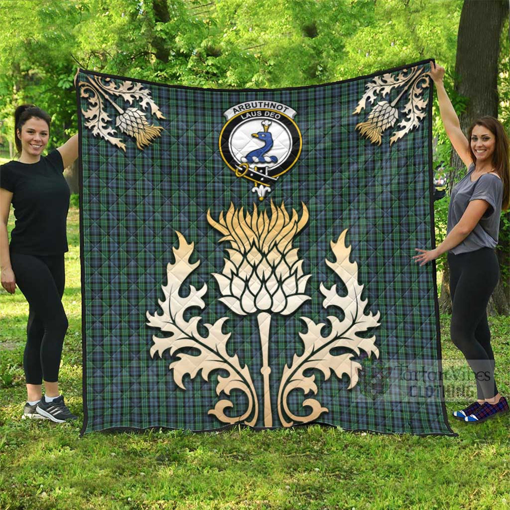 Tartan Vibes Clothing Arbuthnot Tartan Quilt with Family Crest and Golden Thistle Style