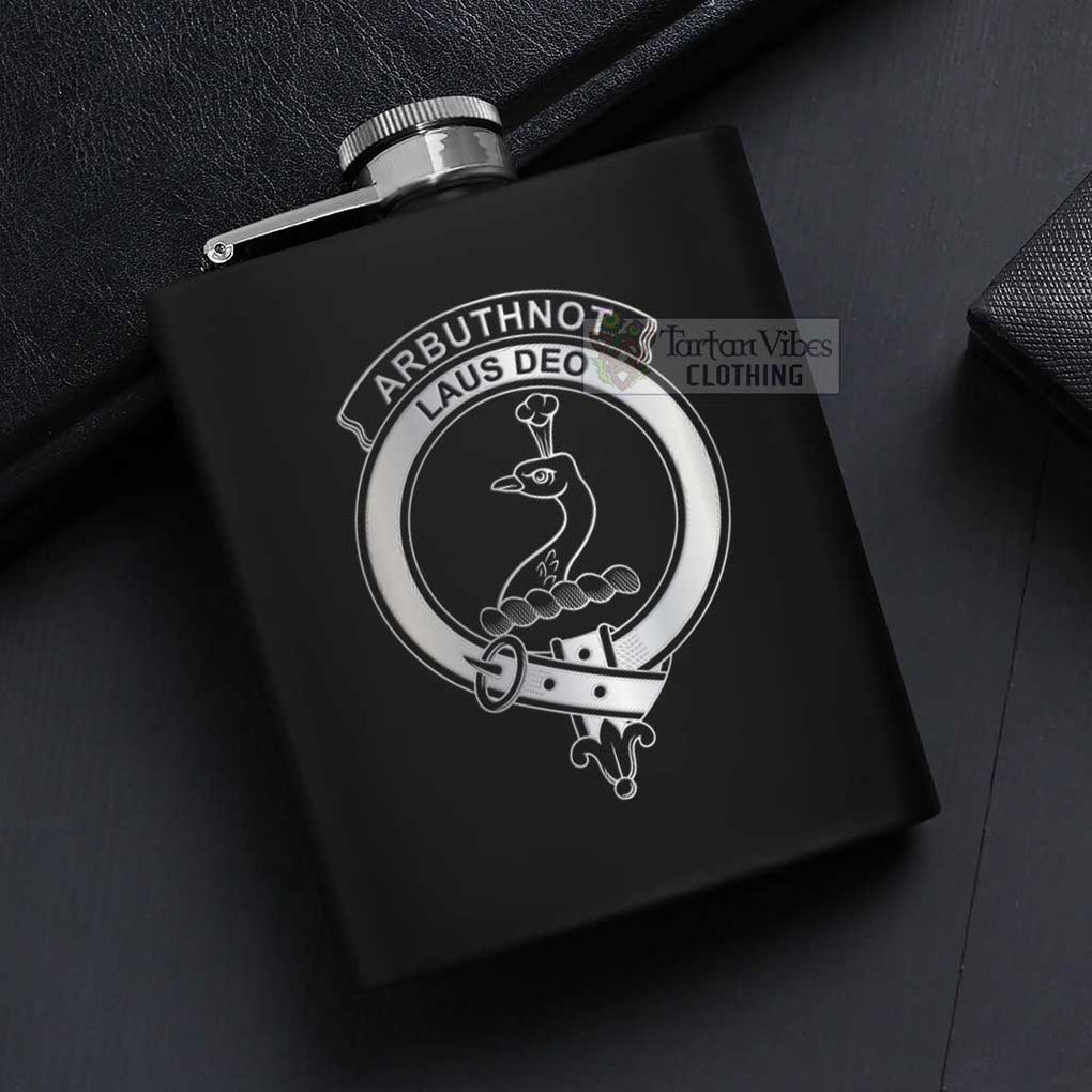 Tartan Vibes Clothing Arbuthnot Crest Hip Flask Set 7oz Black Stainless Steel with A Gift Box