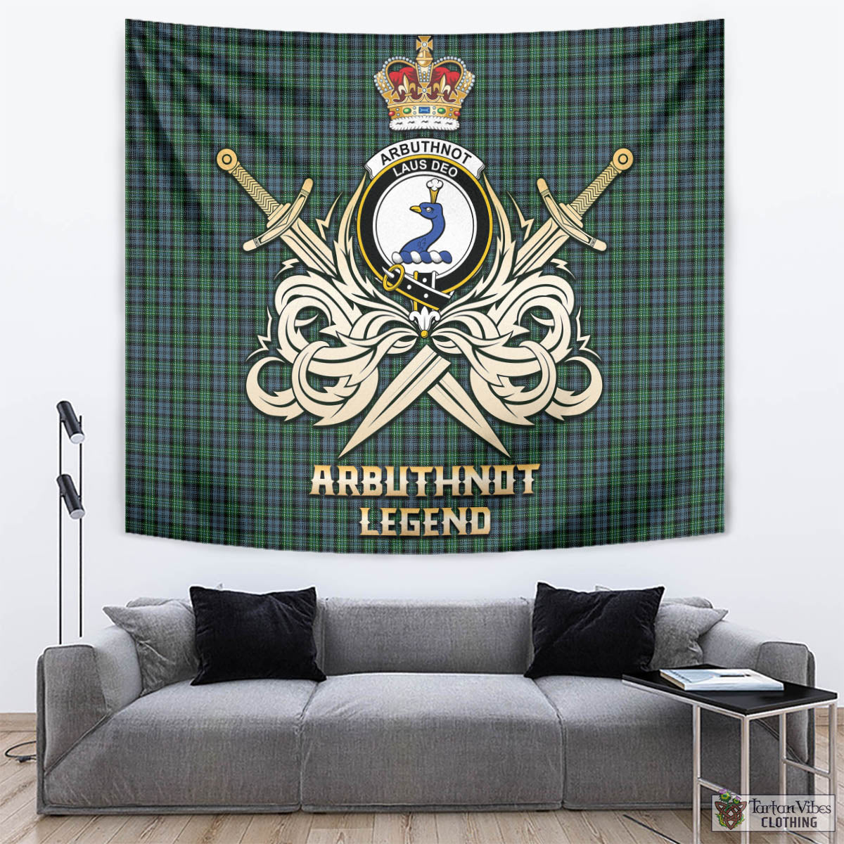 Tartan Vibes Clothing Arbuthnot Tartan Tapestry with Clan Crest and the Golden Sword of Courageous Legacy