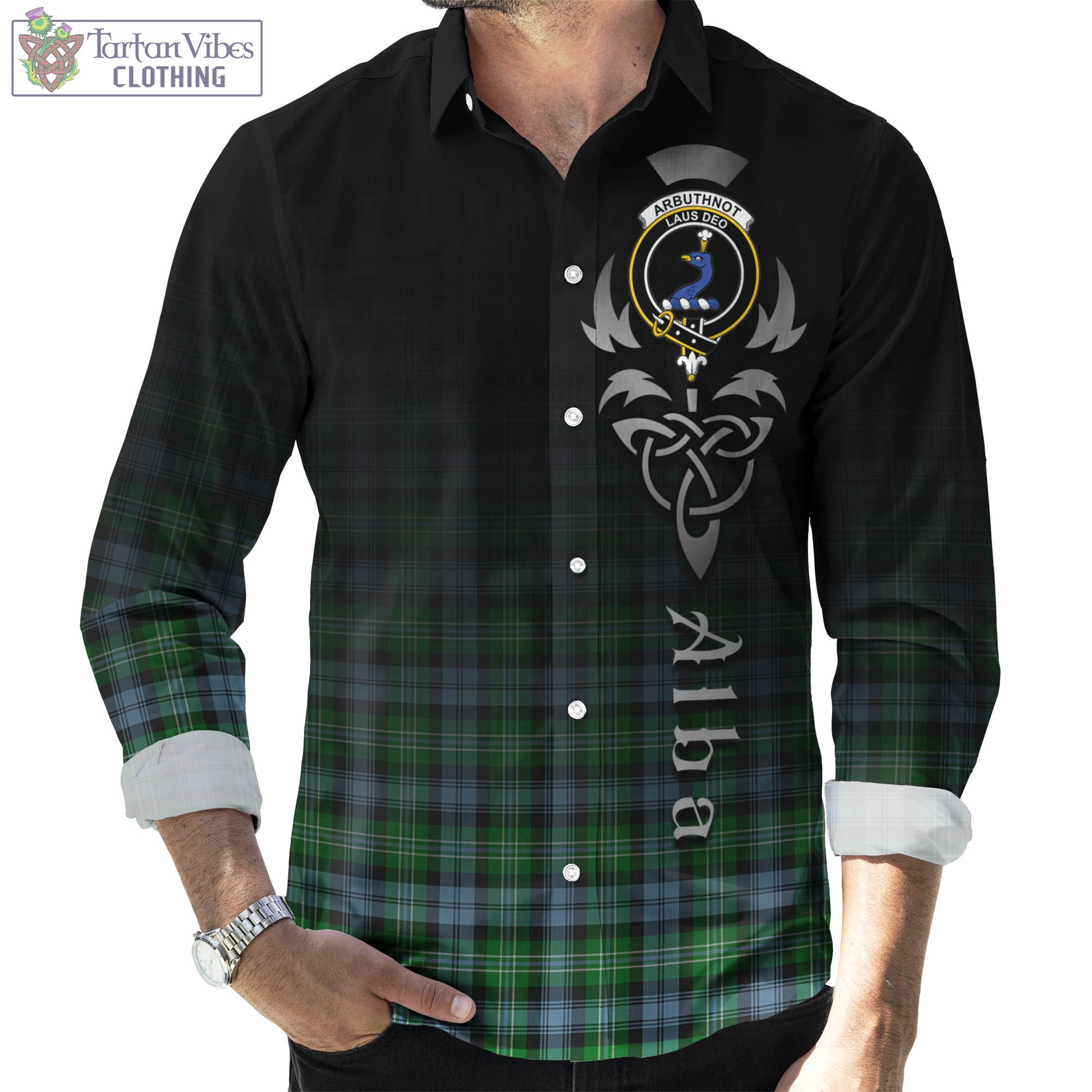 Tartan Vibes Clothing Arbuthnot Ancient Tartan Long Sleeve Button Up Featuring Alba Gu Brath Family Crest Celtic Inspired