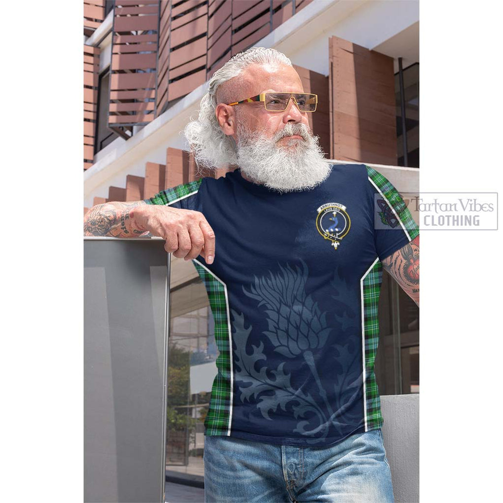 Tartan Vibes Clothing Arbuthnot Ancient Tartan Cotton T-shirt with Family Crest and Scottish Thistle Vibes Sport Style