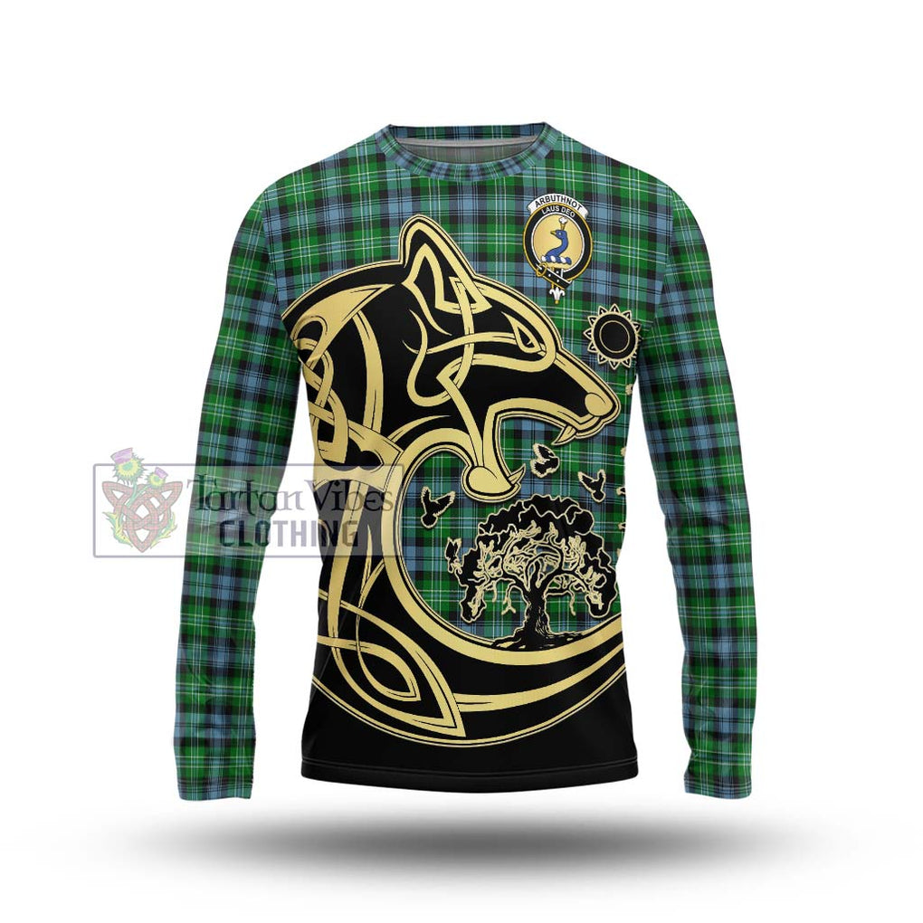 Arbuthnot Ancient Tartan Long Sleeve T-Shirt with Family Crest Celtic Wolf Style Unisex - Tartan Vibes Clothing