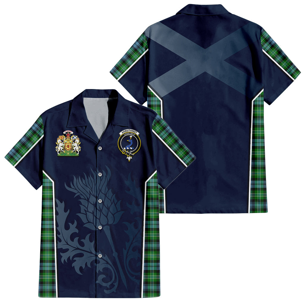 Tartan Vibes Clothing Arbuthnot Ancient Tartan Short Sleeve Button Up Shirt with Family Crest and Scottish Thistle Vibes Sport Style