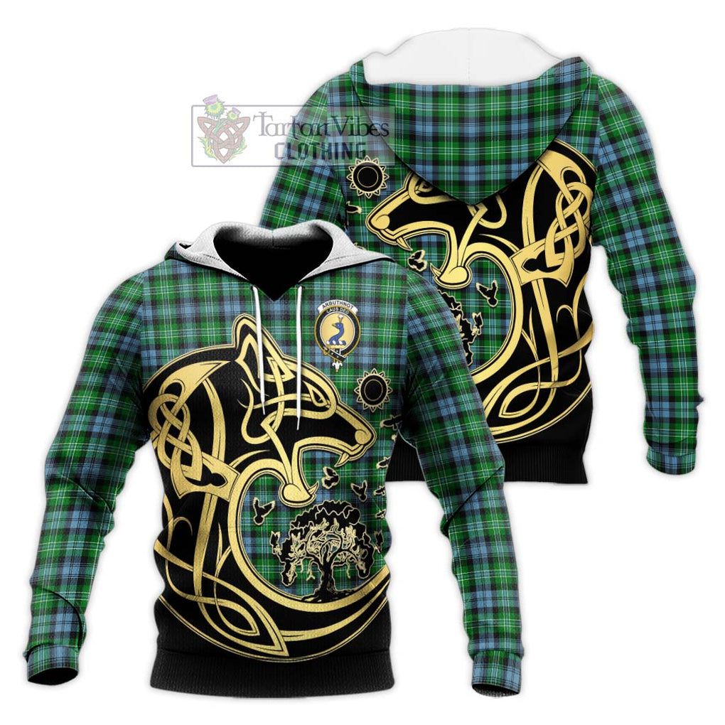 Arbuthnot Ancient Tartan Knitted Hoodie with Family Crest Celtic Wolf Style Unisex Knitted Pullover Hoodie - Tartan Vibes Clothing