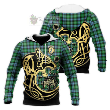 Arbuthnot Ancient Tartan Knitted Hoodie with Family Crest Celtic Wolf Style