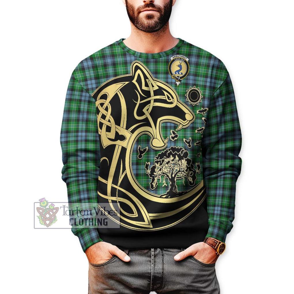 Arbuthnot Ancient Tartan Sweatshirt with Family Crest Celtic Wolf Style Unisex - Tartan Vibes Clothing