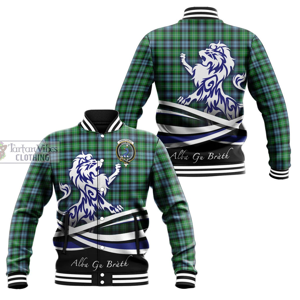 Arbuthnot Ancient Tartan Baseball Jacket with Alba Gu Brath Regal Lion Emblem Unisex - Tartanvibesclothing Shop