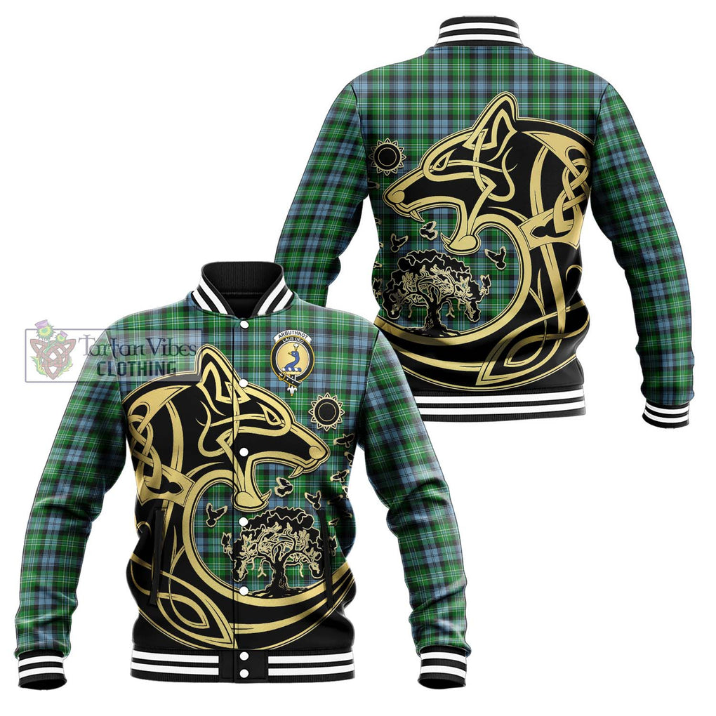 Arbuthnot Ancient Tartan Baseball Jacket with Family Crest Celtic Wolf Style Unisex - Tartan Vibes Clothing