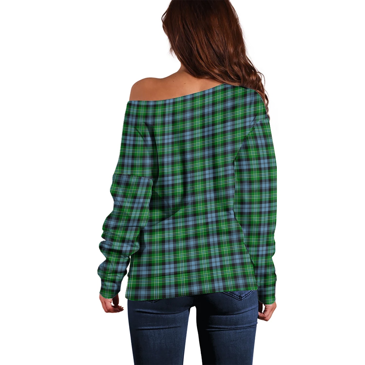 Arbuthnot Ancient Tartan Off Shoulder Women Sweater with Family Crest - Tartanvibesclothing