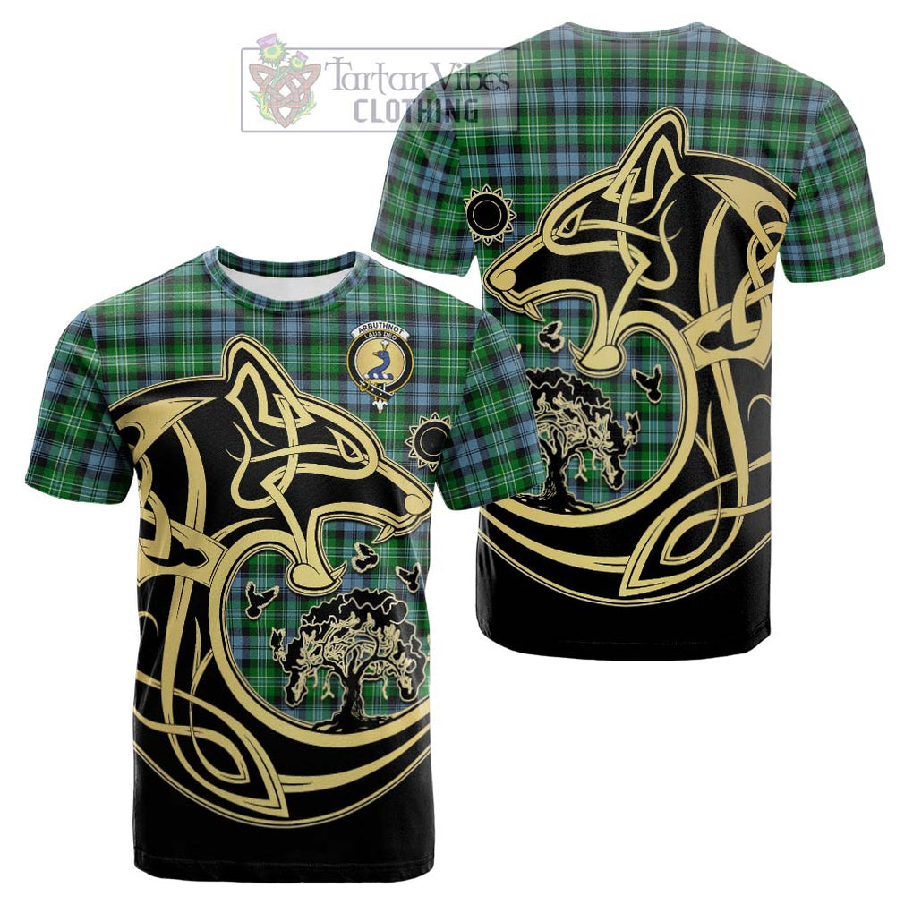 Tartan Vibes Clothing Arbuthnot Ancient Tartan Cotton T-shirt with Family Crest Celtic Wolf Style