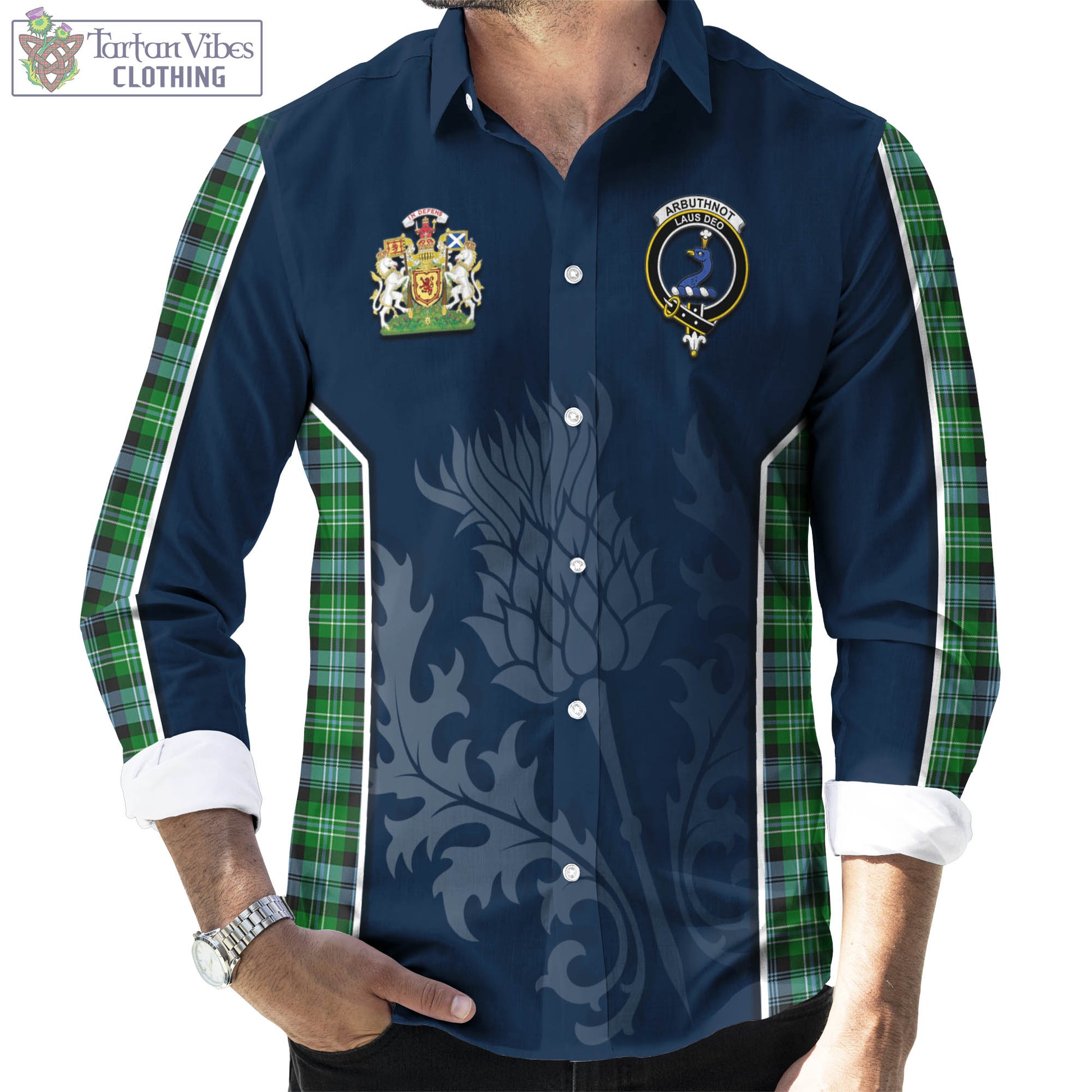 Tartan Vibes Clothing Arbuthnot Ancient Tartan Long Sleeve Button Up Shirt with Family Crest and Scottish Thistle Vibes Sport Style